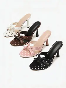 Sweet Style Solid Satin Polka Dot High Heel Sandals, Bow Bell Bottom Open Toe Mules, Nightclub Date Friend Night Out Shoes Elegant Heeled Sandals