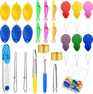 26 count  Threaders for Hand Sewing Machine Kit 6 Gourd,6 Thumb and 6 Fish  Threader 2 Seam Ripper 2 Sewing Tweezers 2 Thimble with Scissor Box for DIY(Fresh Color)