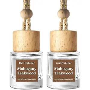 Car Air Freshener Hanging 2 Pack, Mahogany Teakwood Essential Oil Diffuser, Cute Glass Bottle, Long-Lasting Fragrance Car Accessories for Women & Men, Made in USA