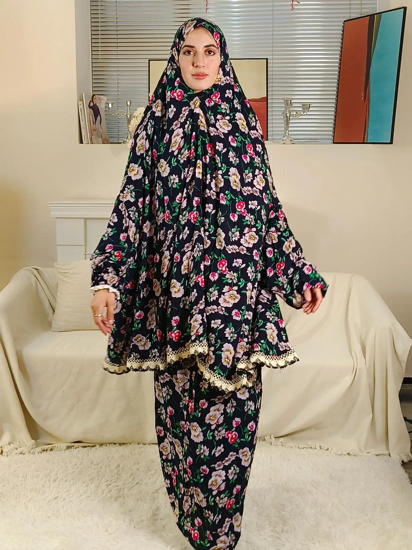 Two-piece Set Women's Floral Print Contrast Lace Batwing Sleeve Hooded Hijab Abaya & Skirt Set, Modest Casual Maxi Muslim Skirt Set for Daily Wear, La