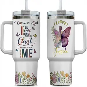 Capricorn Girl “I Can Do All Things Through Christ” 40oz Insulated Stainless Steel Tumbler with Lid, Personalized Name Faith Birthday Gift