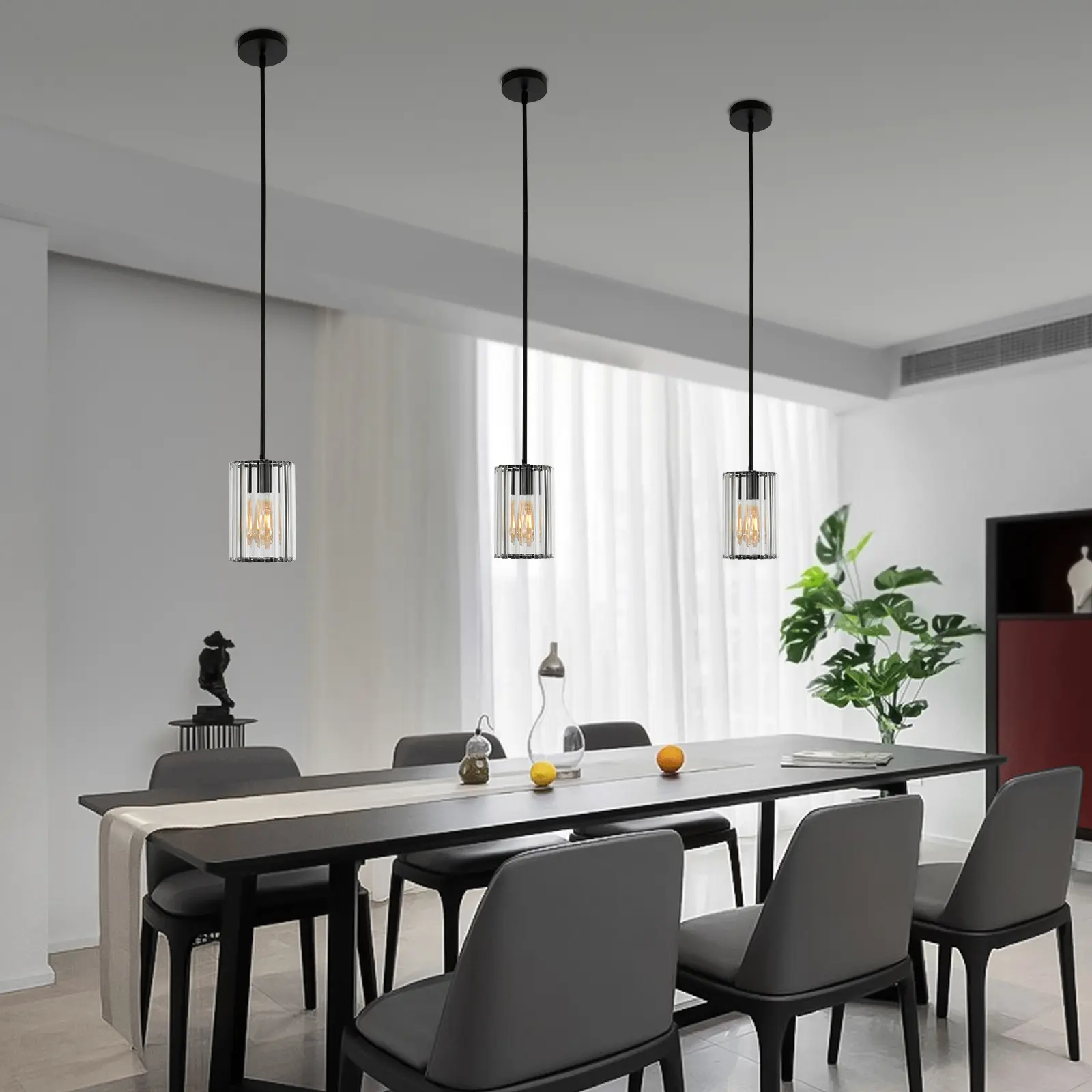 Modern Black 3-Pack Crystal Pendant Light, Adjustable 39.3in Hanging Cord, E26 Socket Ceiling Lamp, Indoor Lighting Fixture for Kitchen Island, Dining Room