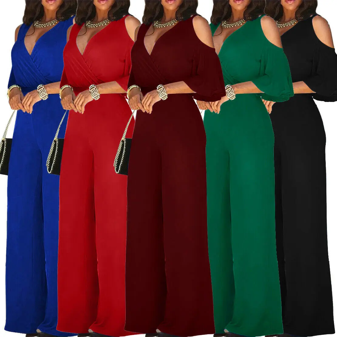 2025 Plus Size Women's Jumpsuit Fashion V neck Sexy Belt Wide Leg Pants Jumpsuit womens