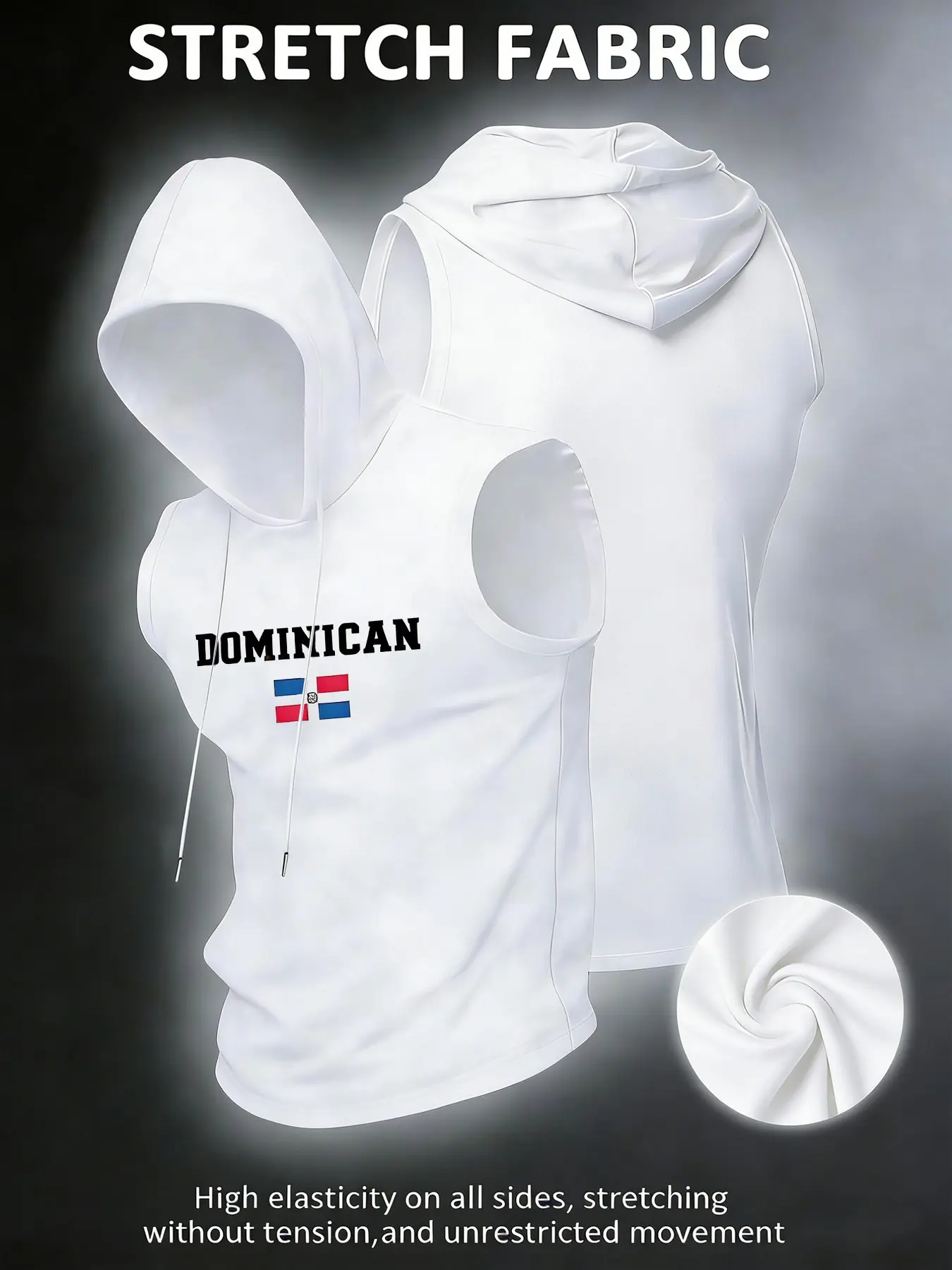 Men's Sleeveless Hooded Gym Vest, Sports Fitness Vest, Workout Vest, Dominican Flag Pattern, Patriotic Sports Style, High Stretch Breathable Fabric