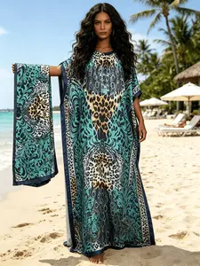 1dress+1scarf Teal Green Leopard Paisley Mix Print Kaftan Dress for Women, Plus Size Muslim Abaya with Matching Headscarf, Loose Batwing Sleeve Maxi Caftan, Modest Beach Cover Up, Dubai Style Islamic Robe for Vacation, Eid & Casual Loungewear