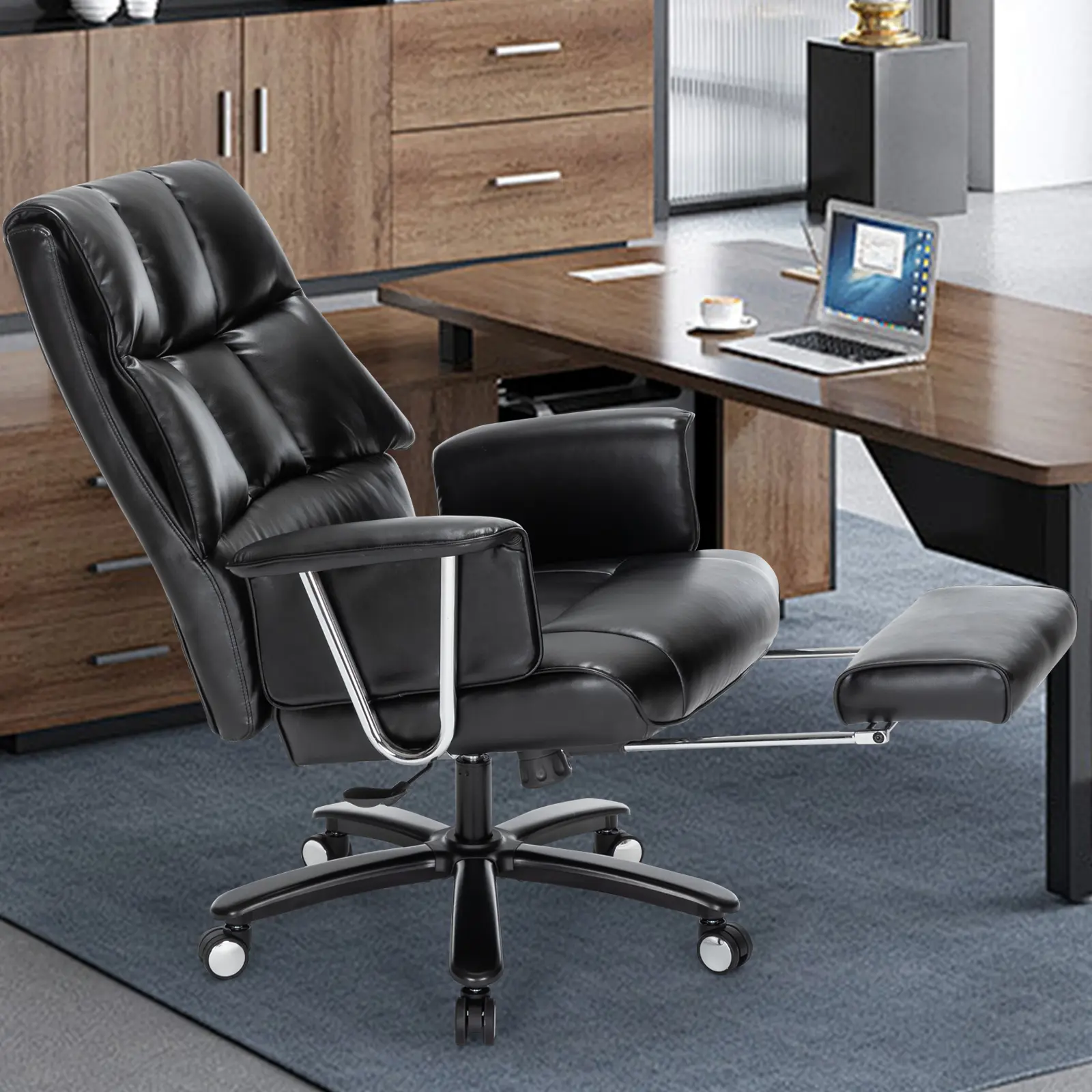 Executive Office Chair, Big and Tall PU Leather Office Chair with Wide Seat Ergonomic Computer Desk Chair with Footrest 400lbs Reclining High Back Home Office Desk Chairs, Black
