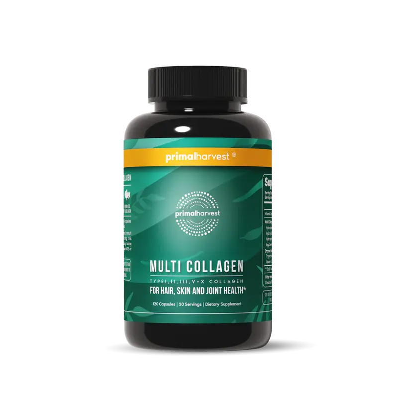Primal Harvest Multi Collagen Pills for Women and Men (Type I, II, III, V, X) 120 Capsules w/Vitamin C for Hair, Skin, Nails
