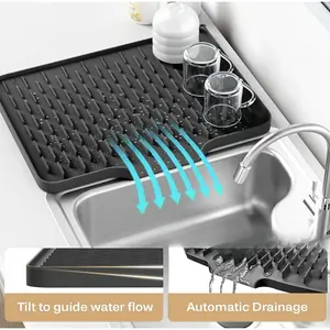 Extra Large Non-Slip Silicone Drying Mat with Drainage System - Heavy-Duty Dish Rack & Sink Organizer, Heat-Resistant, Dishwasher-Like Design for Countertops, Sinks, Refrigerator - Black/Gray, Easy-Clean Surface (Fits Pots, Pans)