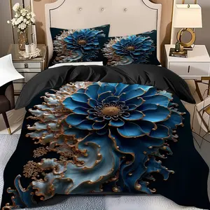 2/3 Pcs Blue Floral Art Duvet Cover Set(1* Duvet Cover+1/2* Pillowcase,No Filling)Soft High-End Digital Printed Bedding Set, Decorative Duvet Cover, Perfect Gift For Family,Friends During The New Year Holiday!Suitable For All Year Round!Machine Washable