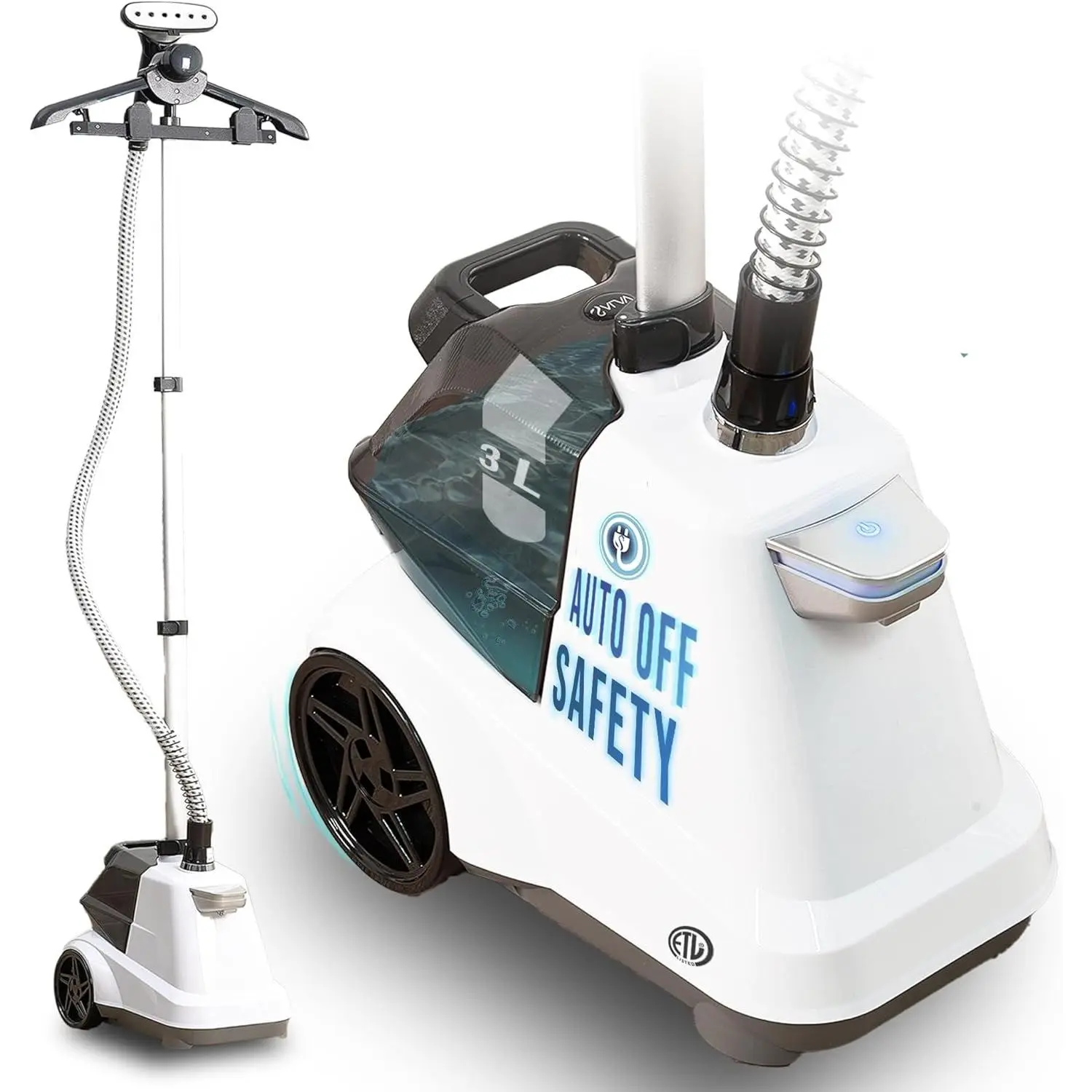 Commercial-Grade Standing Garment Steamer for Clothes with Auto-Off Safety 1800W  Steam X-Large 3L Water , 90-Min Continuous Use, Pedal-Control System, Beeps when Out of Water, White