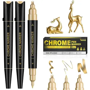 3 Pack Dual Tip Liquid  Chrome Markers, Permanent Shiny  Marker Pen for  Surfaces, Golden Metallic High-gloss for Model Repairing, Painting, Marking or DIY Art Project