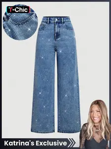 【Katrina's Exclusive】Women's Wide Leg Straight Jeans with Full Rhinestone Front, Elegant Style Aesthetics Fitted Denim Jeans, Trendy Casual Fashion Womenswear for All Seasons Pants