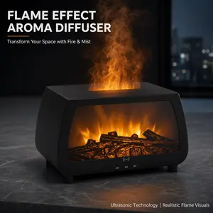 2-in-1 Flame Effect Aroma Diffuser with Essential Oils Set, 200ml Ultrasonic Humidifier with Multi-Color LED Fire & Mist, Realistic Fireplace Scent Machine for Home, Office & Yoga, Auto Shut-Off colorful