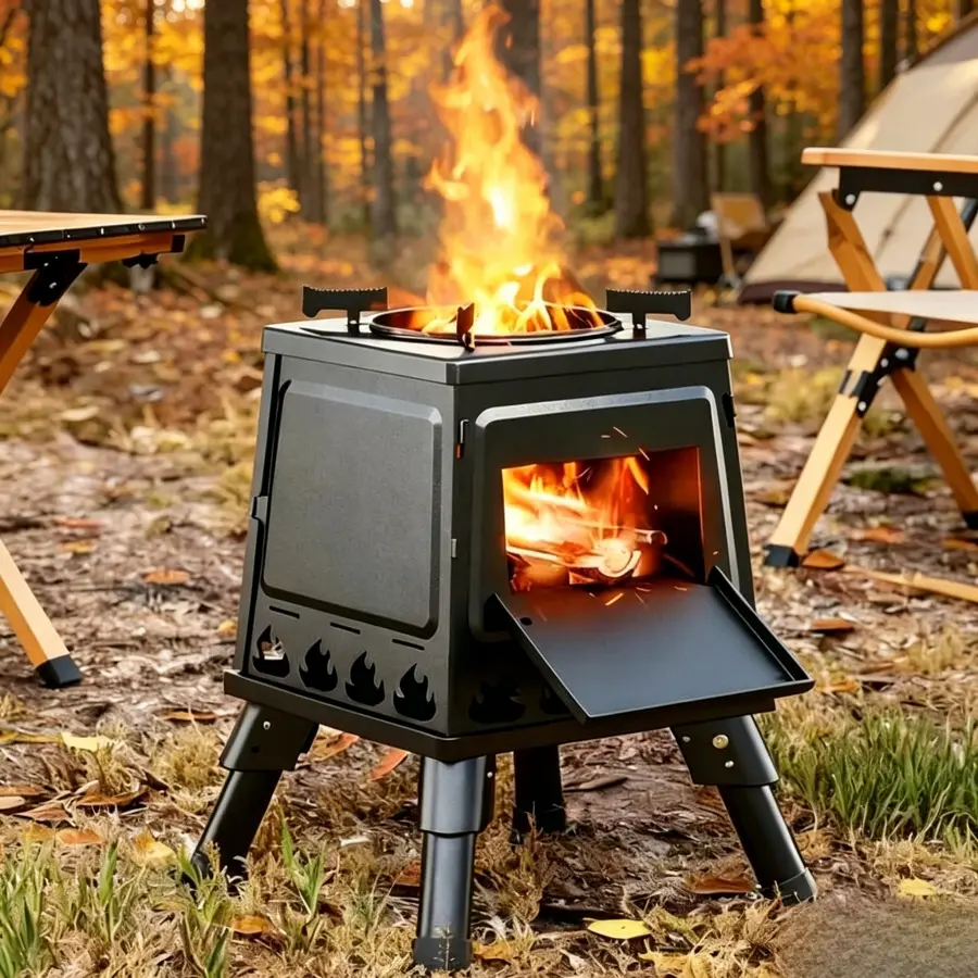 Portable Cast Iron Wood Burning Stove, Suitable for Outdoor Hiking, Picnic and BBQ, Black