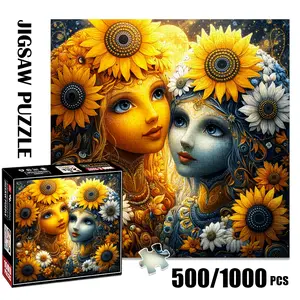 1pc 1000 piece adult puzzle 58x58cm Two Girls with Sunflowers and Floral Ornaments 500 pieces of paper puzzle, suitable for adults and families, large-scale DIY puzzle interactive toy games, birthd