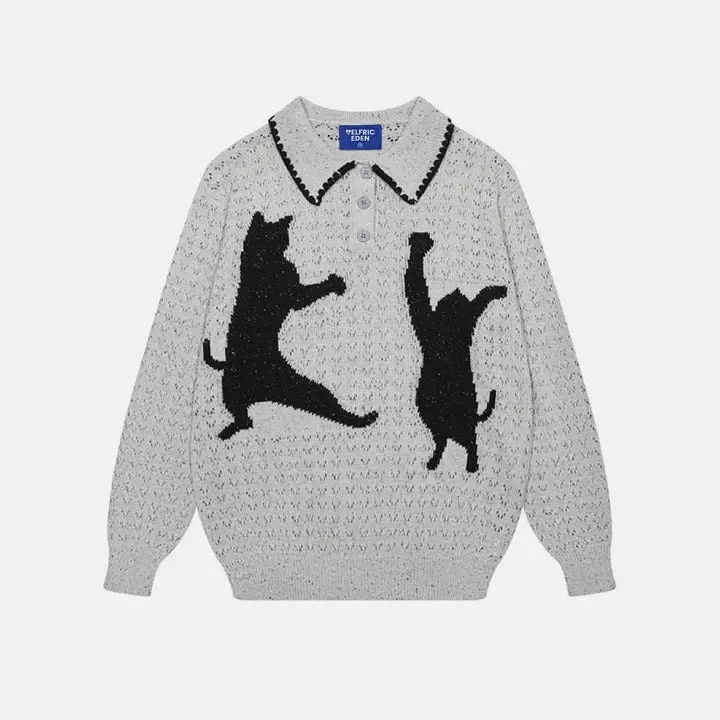 Aelfric Eden Cat Jacquard Polo Sweater Dancing Cat Graphic Contrast Collar Relaxed Fit Knit Pullover Vintage Preppy Casual Streetwear Unisex