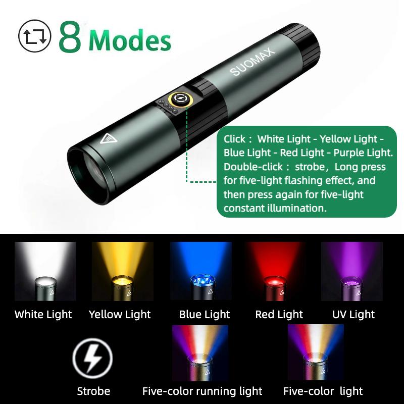 SUOMAX 5-in-1 Strong Flashlight, 1800LM Super Bright LED Light, UV/RED/YELLOW/BLUE/WHITE BEAM, USB-C Rechargeable Pocket EDC Flashlight, Magnetic Base, IPX4 Waterproof, For night work, Camping, Outdoor tactical light, Flash, Led Lights,sohochic