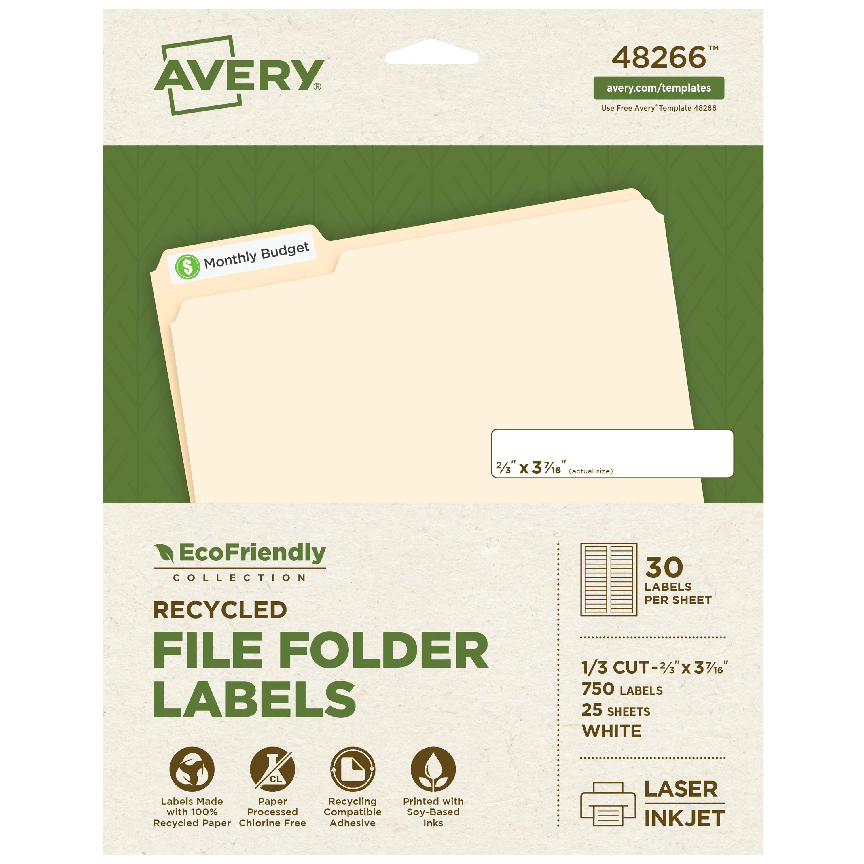 Avery Sustainable File Folder Labels Made of 100% Post-Consumer Recycled Paper, Rectangular Shape 2/3"x3-7/16" White, Permanent Glue Recycling-Compatible Adhesive, 750 Printable Labels (48266)
