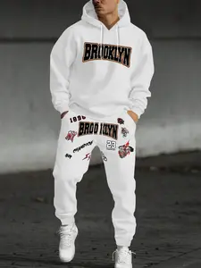 Men's Streetwear Oversized Graphic Hooded Zipper Sweatshirt + Slim Fit Side Stripe Pants, Fleece Lined Thickened Warmth, Vintage Wash Craft, High Street Hip Hop Style