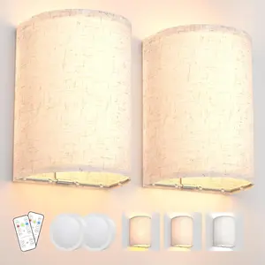 Wall Sconces Set of Two, Battery Operated with Remote Control, 3 Color Modes Dimmable Fabric Wall Lamp for Bedroom Living Room Hallway