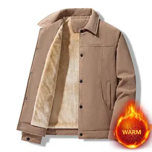 Men’s Brown Shearling Jacket with Corduroy Trim – Button Front Closure, Winter Warm Coat, Vintage Casual Design