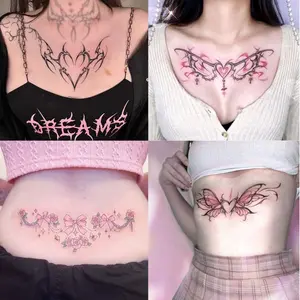 Y2K Gothic Heart Butterfly Temporary Tattoo Stickers, Pink Bow Rose Fake Body Tattoos for Chest Waist Underboob, Long Lasting Waterproof Grunge Alt Body Art Stickers For Women