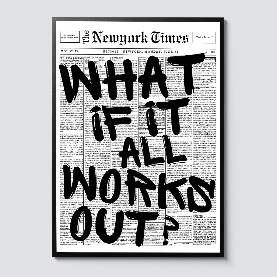 Retro Black and White Newspaper Poster Canvas Wall Art Print - Artistic Minimalist Animal Mural with "What If It All Works Out" Positive Affirmation, Home Bedroom/Bathroom Decor, Aesthetic/Chill Room Accessories, Plant-Friendly Ornament