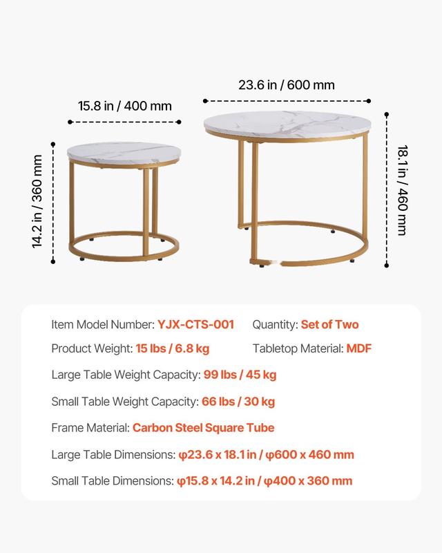 Nesting Coffee Table Set of 2, 23.6-Inch Round Coffee Tables for Small Spaces, Space-Saving Nesting Tables with Metal Frame, Vintage End Tables and Nightstand, Side Tables for Living Room, Bedroom and Office, White and Gold Finish