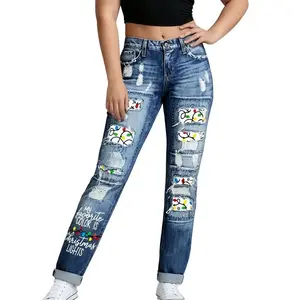 Christmas Lantern Hole Printing DIY Handmade Drill Waist Straight Jeans Women's Pants Women's UnderwearRAIMENTRY