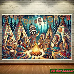 2D Flat - 1pc 2D Flat Banner | Raccoon Leads Campfire Party, Holiday-themed Durable Polyester Photographic Hanging Cloth, Suitable for Event Decorations at Family Gatherings, Birthday Parties, etc. (No Electricity Required)