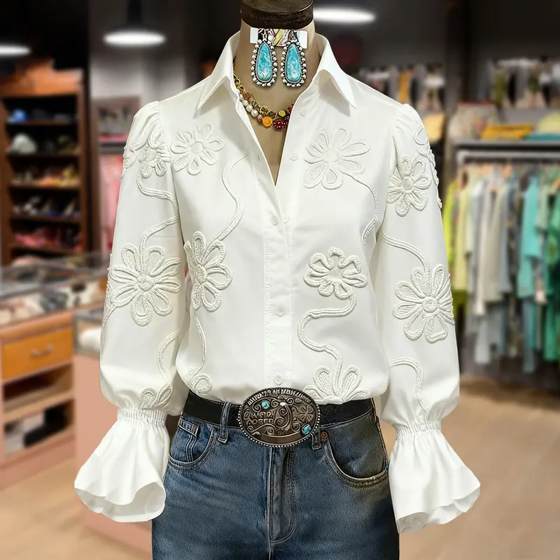 Cherrybetty Elegant Textured Flower Bell Sleeve Button Up Blouse Classy Going Out Top Sweety Essential Comfort Women's Tops