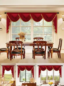 1pc Burgundy Retro Minimalist High-End Curtain With Beaded Trim, Creates Festive Atmosphere, Suitable For Living Room & Bedroom Window And Door Decor