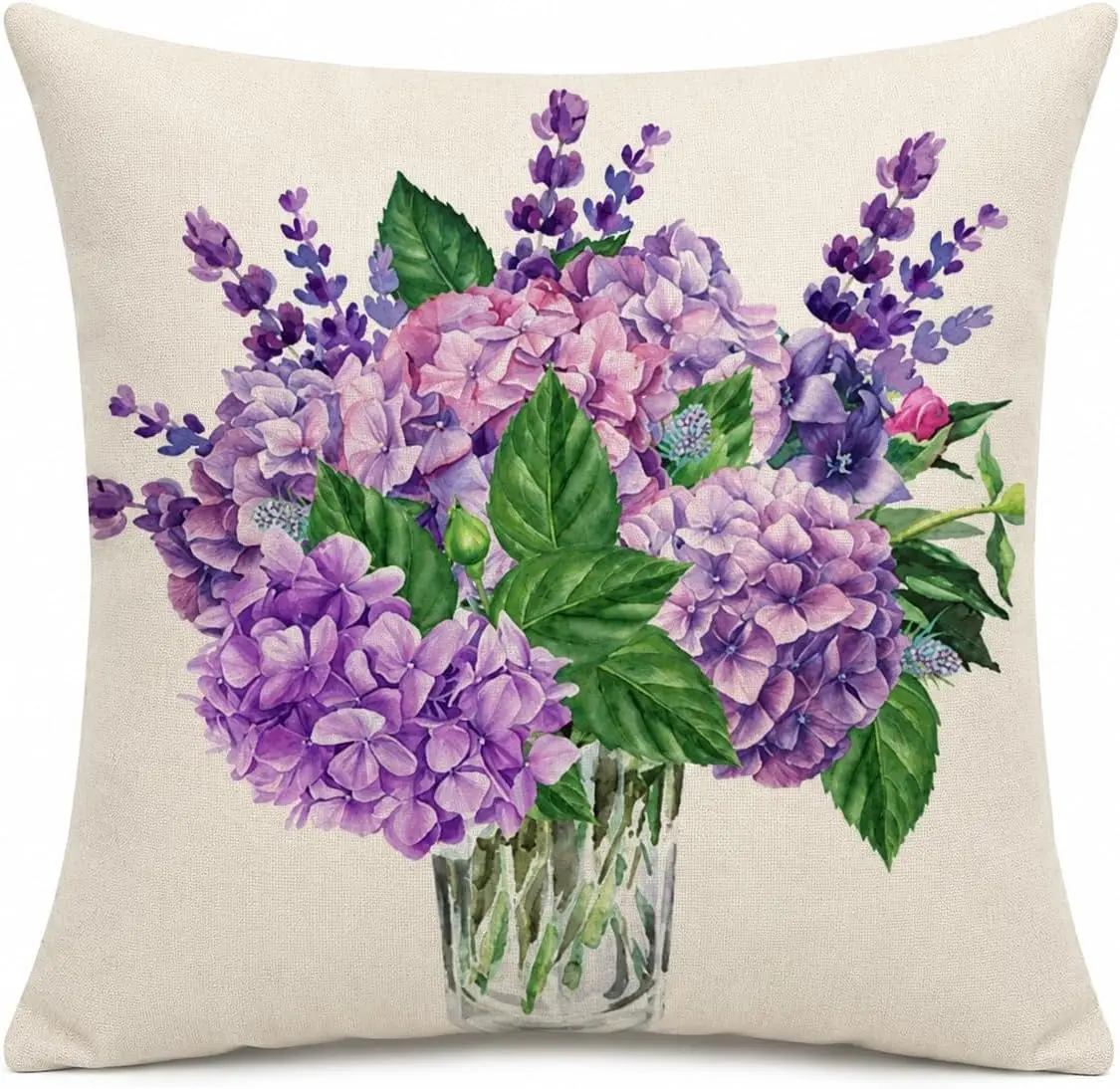 Huglina Hydrangea Floral Throw Pillow, 18x18 Inch Decorative Pillow with Insert Included, Farmhouse Cottage Spring Summer Home Decor Cushion for Sofa Couch Bed