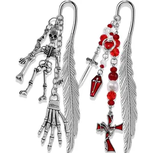 2 Pack Bookmarks for Women Reading - Book Marks for Readers Book Lovers, Gothic Red Sword Skull Skeleton Personalized Metal Bookmark with Pendants, Aesthetic Book Accessories Reading Gifts