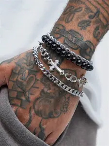 Punk Cross Beaded Stainless Steel Chain Bracelets, 4-Piece Set for Men, Ideal for Daily Wear & Special Occasions, Perfect Gifts, Punk Style Jewelry
