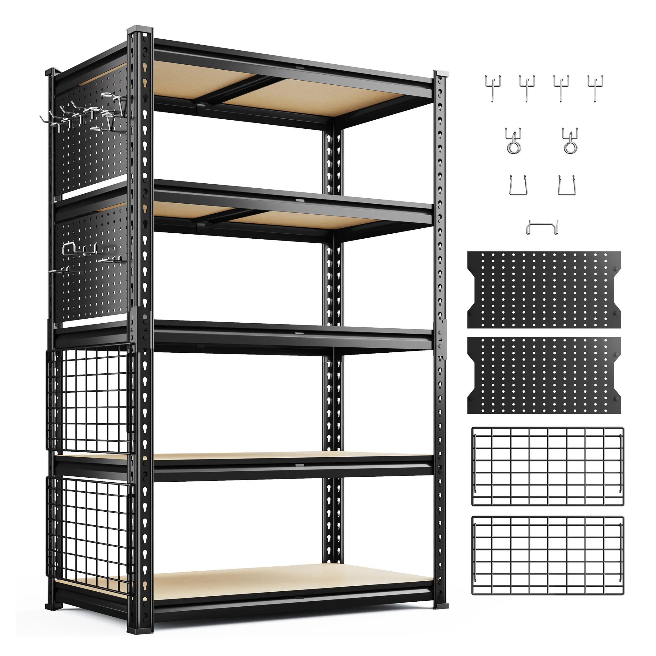 Raybee 5-Tier Heavy-Duty Garage Storage Shelving Unit with Pegboards Wire Mesh Side Panels Hooks Adjustable Heights 2000 lbs Load Capacity, Metal Shelf Storage Shelves Kitchen Shelves Utility Racks for Pantry, Basement, Warehouse Organization