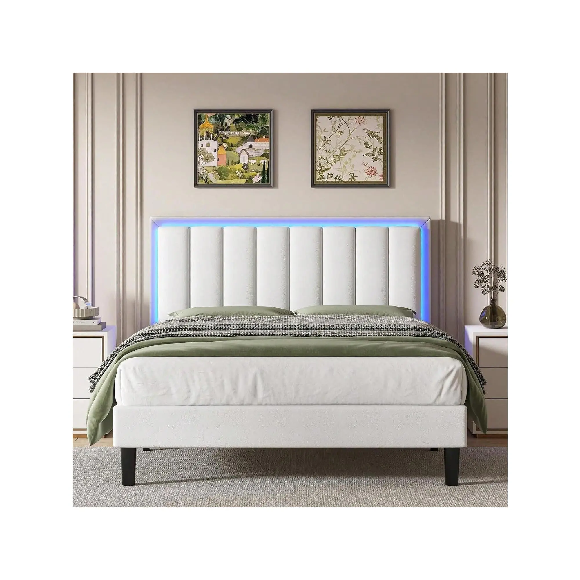 Bed Frame With LED Lights, Modern PU Leather Upholstered Platform Bed With Adjustable Headboard, White/Black/Pink,Twin/Full/Queen/King Indoor Furnitur