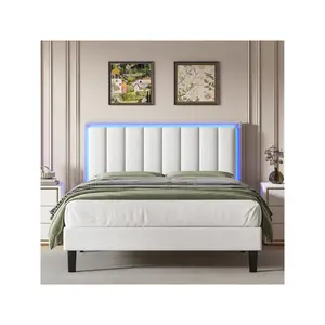 Bed Frame With LED Lights, Modern PU Leather Upholstered Platform Bed With Adjustable Headboard, White/Black/Pink,Twin/Full/Queen/King Indoor Furnitur