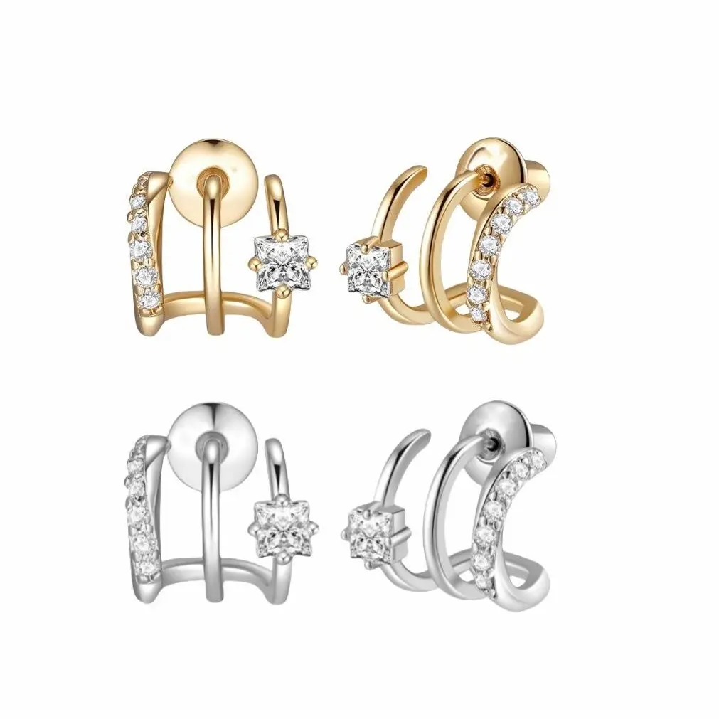 14K Gold Plated Triple Hoop Stud Earrings for Women, Cubic Zirconia 3-Hoop Look Earrings, Single Piercing Layered Ear Cuff Style Studs, Gold Silver Tone Perfect Gift, Gold and Silver Tone