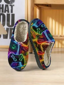 Neon Gaming Controller Home Shoes Unisex Soft Skin-Friendly Comfortable Indoor Warm Shoes, Casual All Seasons Textile Upper Fuzzy Warm Slippers