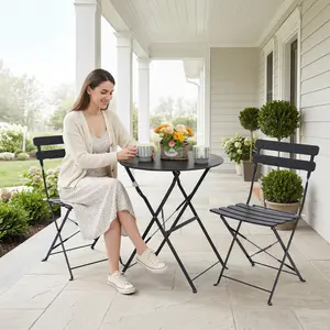 Folding Patio Bistro Set Outdoor 3 Piece Set with 2 Chairs and Table Powder Coated Steel French Pre-War Cafe Design Black Color