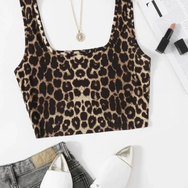 Single Jersey Short Sleeveless Square Neck Plaid Print Casual, Women Tops Fashion Casual Sleeveless Crop Fitted Tank Cropped Tank Top Summer Tank Top