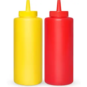 Condiment Squeeze Bottles, RED/YELLOW 12 OZ Empty  Bottle with Wide  -  for Ketchup, Mustard, Syrup, Sauces, Dressing, Oil,  Plastic - 2 PACK