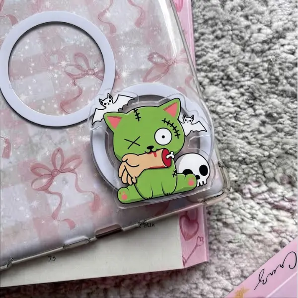 Kawaii Zombie Cat MagSafe Phone Grip, Spooky Green Kitty Magnetic PopSocket, Cute Undead Cat Phone Holder, Alternative Halloween Accessory