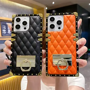 Fashion Rhombic Gold Plating Leather Phone Case For iPhone 16 15 Pro Max 14 Plus 13 12 11 XR Ring Holder Cover
