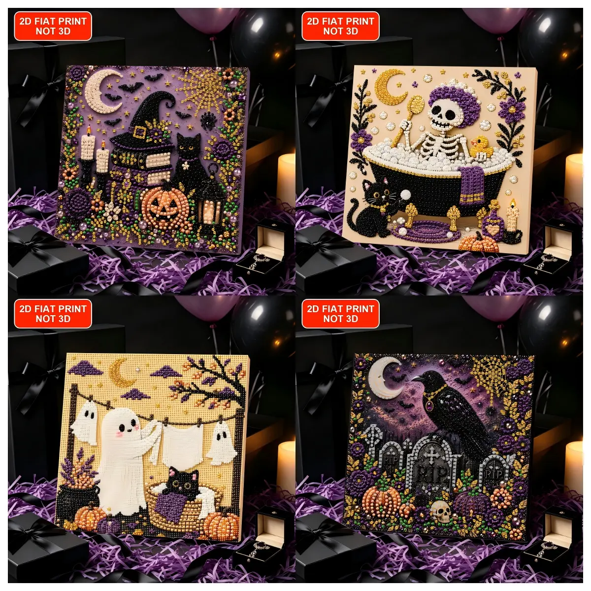 Halloween Pearl Diamond Art with Frame & Gift Box, 7.87x7.87in, Witch House, Bathtub Skeleton, Ghost, Crow Design, Pearl Rhinestones, Starter Kit, Wall Hanging Halloween Gift
