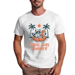 Feral Girl Summer Raccoon Flamingo Float T Shirt, Funny Summer Vacation Graphic Tee, Tropical Palm Tree Pool Party Tshirt, Casual Short Sleeve T-Shirt for Summer, Cute Raccoon Drinking Apparel T-Shirt