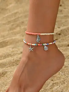 2 Pcs Boho Ankle Bracelet Set, Geometric Shell Seashell Starfish Pendant, Elastic Beaded Foot Chain, Perfect Gift for Women