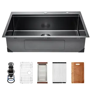 33-Inch Kitchen Sink Top Mount Single Bowl Drop-In Basin, Stainless Steel Black Finish, Durable Corrosion-Resistant Construction For Home Kitchen Use, Easy-To-Clean Interior, Smooth Edges, Modern Simple Design