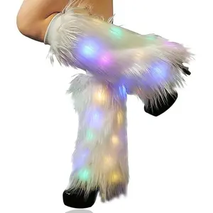 Neon Light Up White Fuzzy LED Long Leg Warmers 70s 80s Dance Hosiery for Halloween Christmas Party Costume Rave Long Boots Cover for Shoes